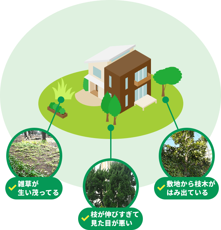 雑草が生い茂ってる|枝が伸びすぎて見た目が悪い|敷地から枝木がはみ出ている