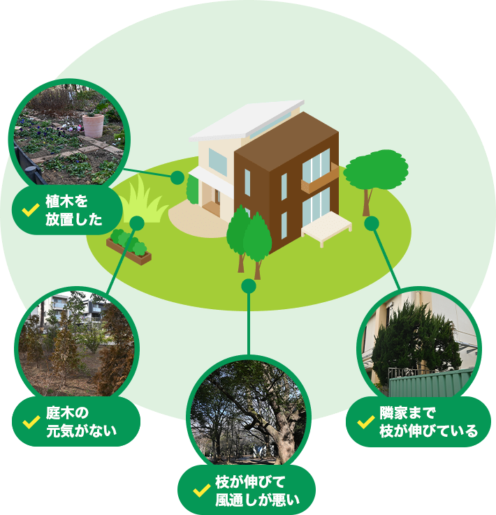 隣家まで庭木の枝が伸びている｜枝が伸びて日当たりや風通しが悪い｜庭の植木の元気がない｜植木の手入れがされていない